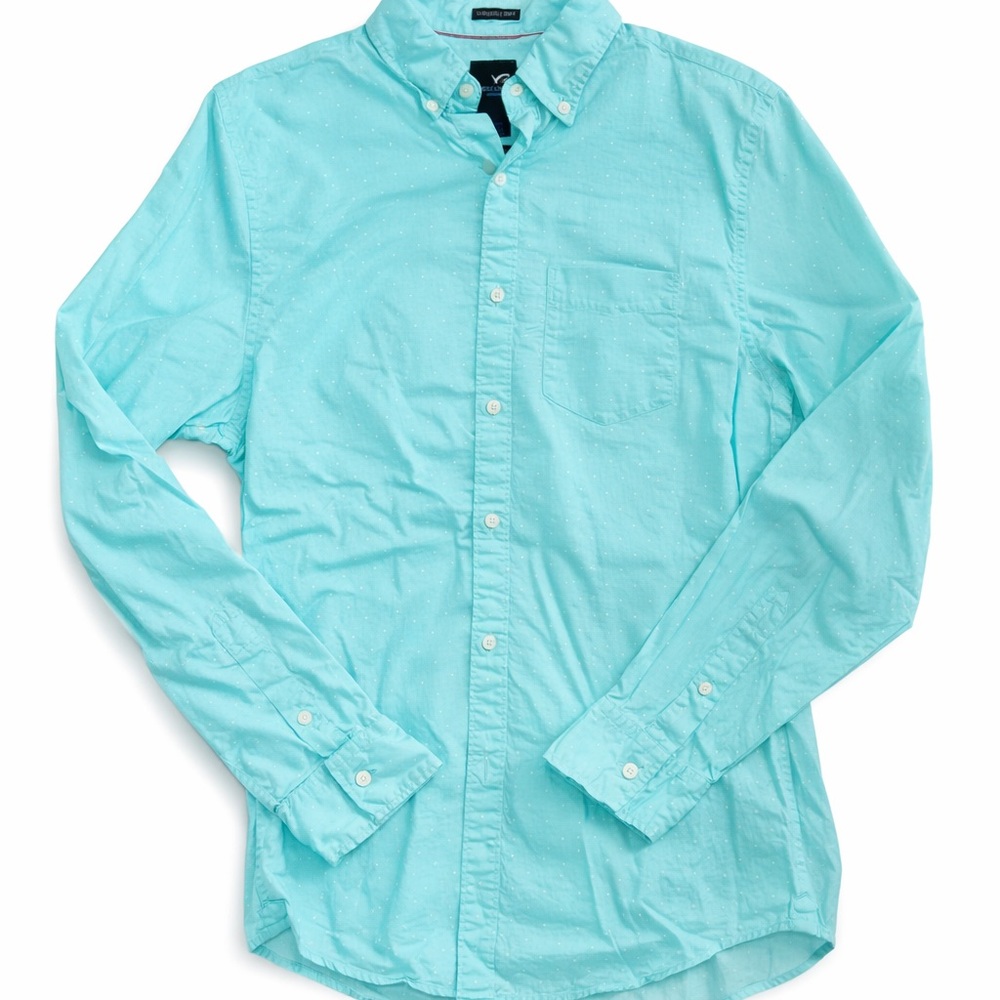 American Eagle Outfitters Teal Casual Shirt Button Down Polka Dot Long Sleeve
